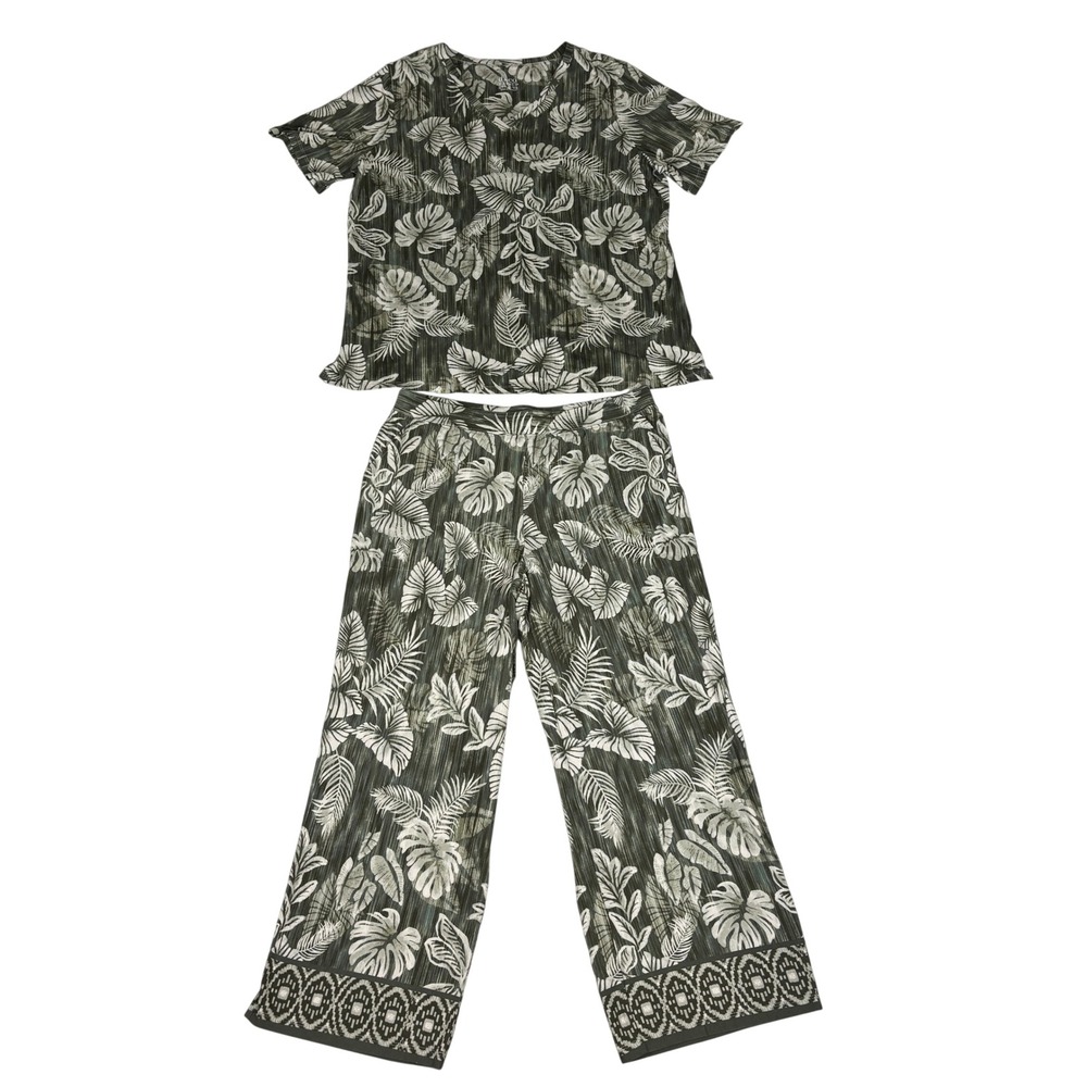 D&Co Beach Tropical Palm Leaf Lounge Set Womens M/L Green Capri Pants Pockets - Picture 2 of 16
